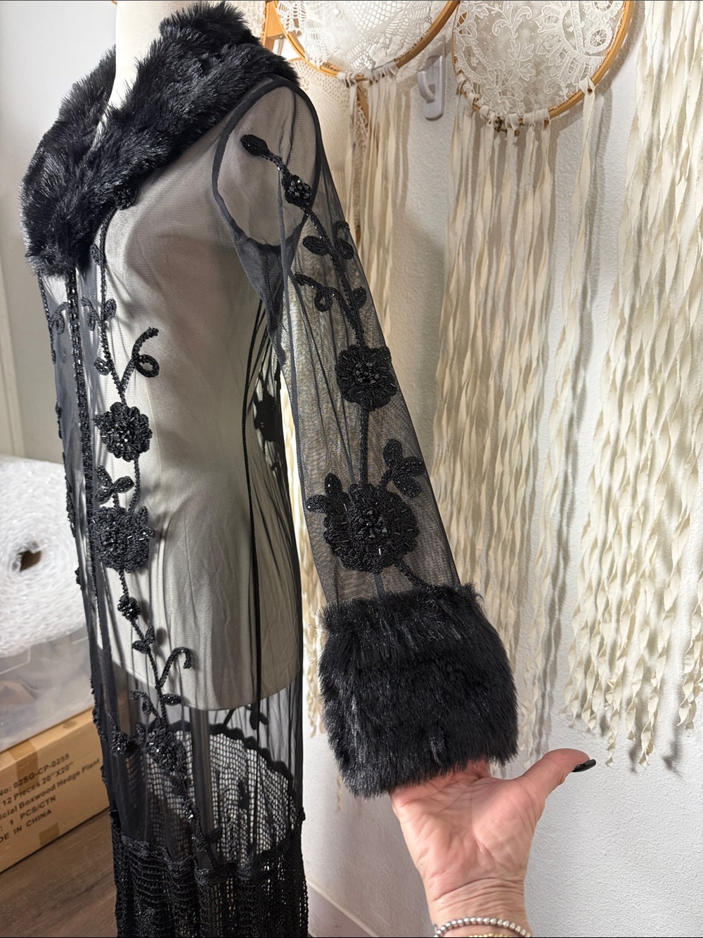 Vintage Sue Wong Black Embellished Crochet and Faux Fur Trim Long Sleeve Kimono - Picture 3 of 14